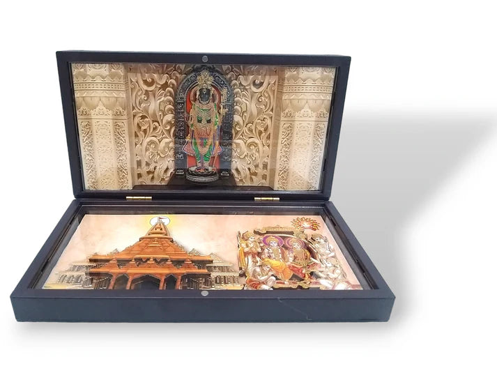 Shri Ram Lalla With Ram Mandir Pocket Temple | Gold-Plated Ram Mandir Mini Pooja Box | Portable Temple for Devotion & Blessings
