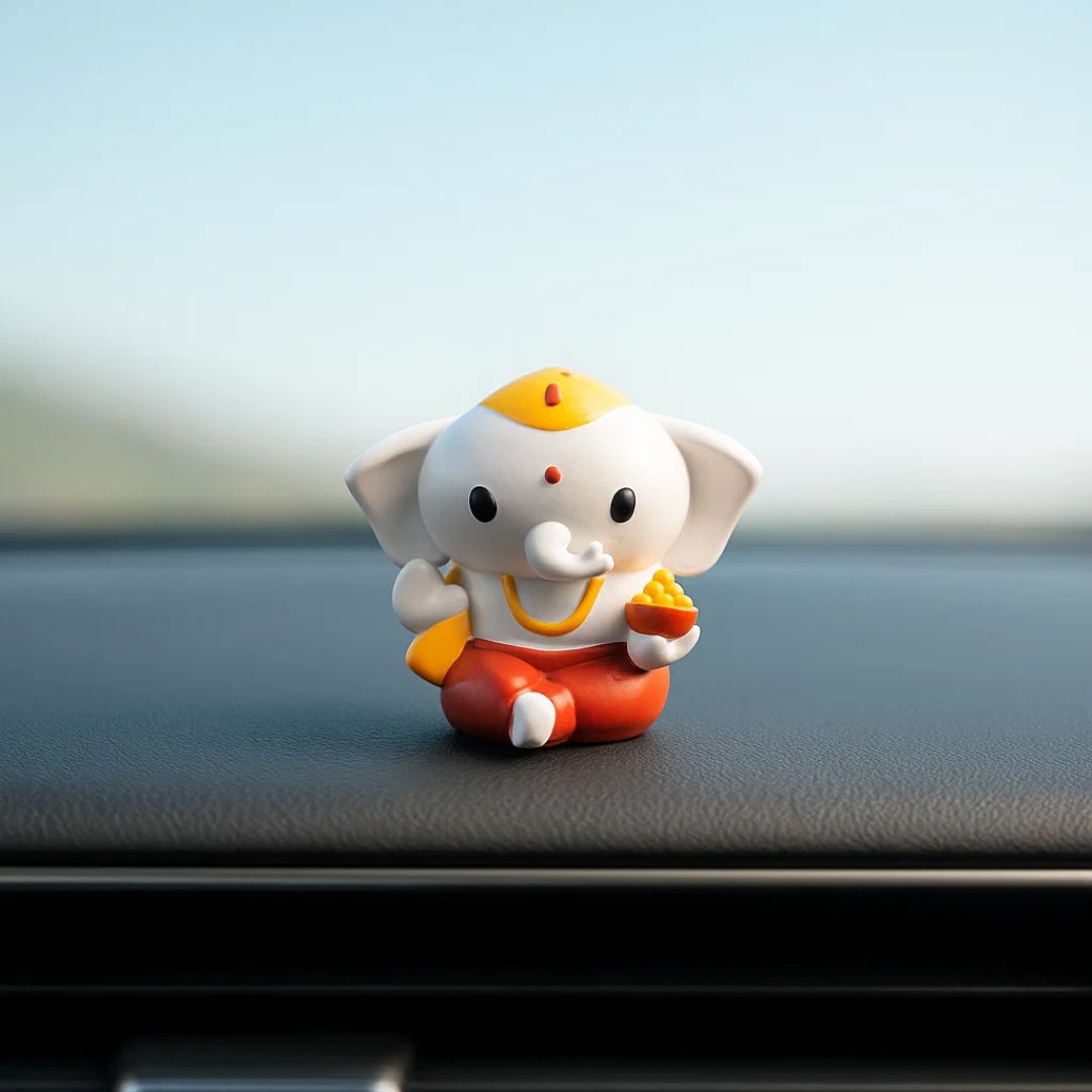 Cute Bal Ganesh with Modak Idol For Home Temple, Car Dashboard, Gifting & Decor