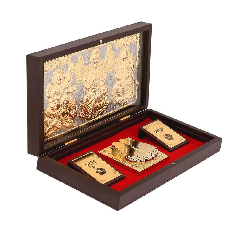 Plated Laxmi Ganesh Saraswati Charan Paduka Pocket Temple
