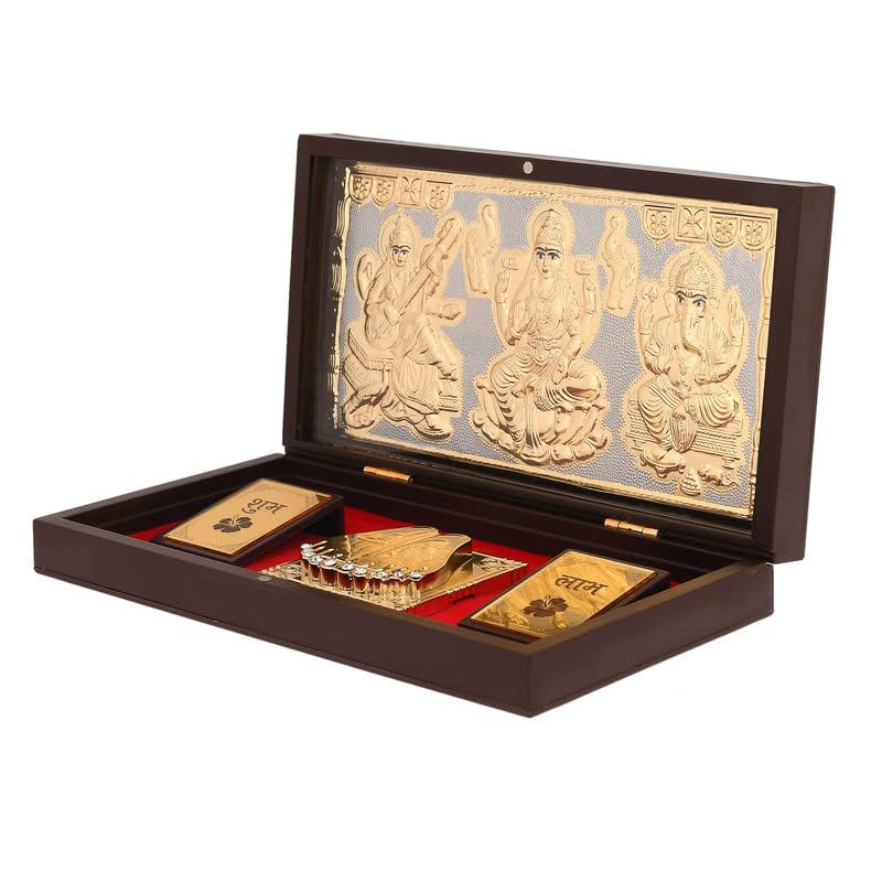 Plated Laxmi Ganesh Saraswati Charan Paduka Pocket Temple