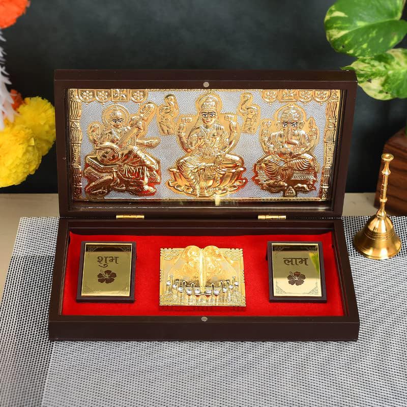 Plated Laxmi Ganesh Saraswati Charan Paduka Pocket Temple