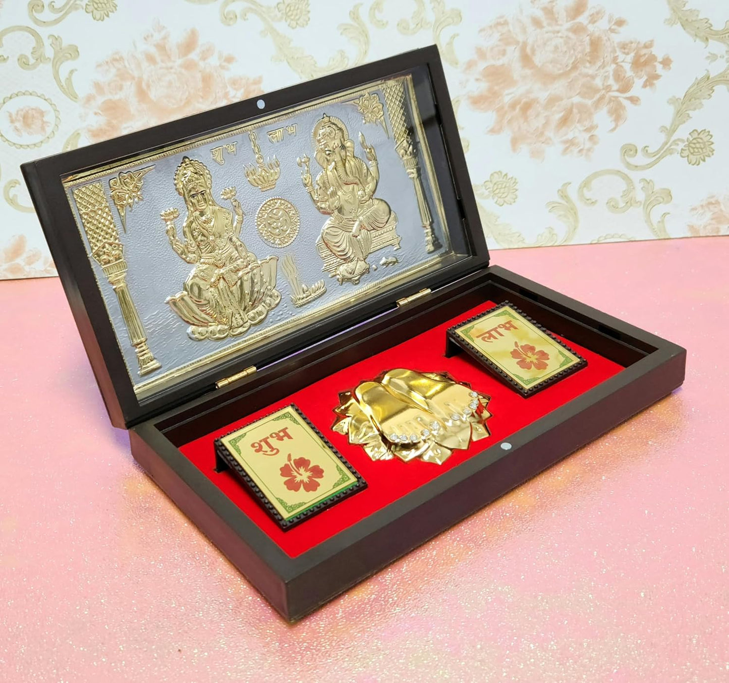 Lakshmi Ganpati Brass Gold Photo Frame With Charan Paduka Pocket Temple