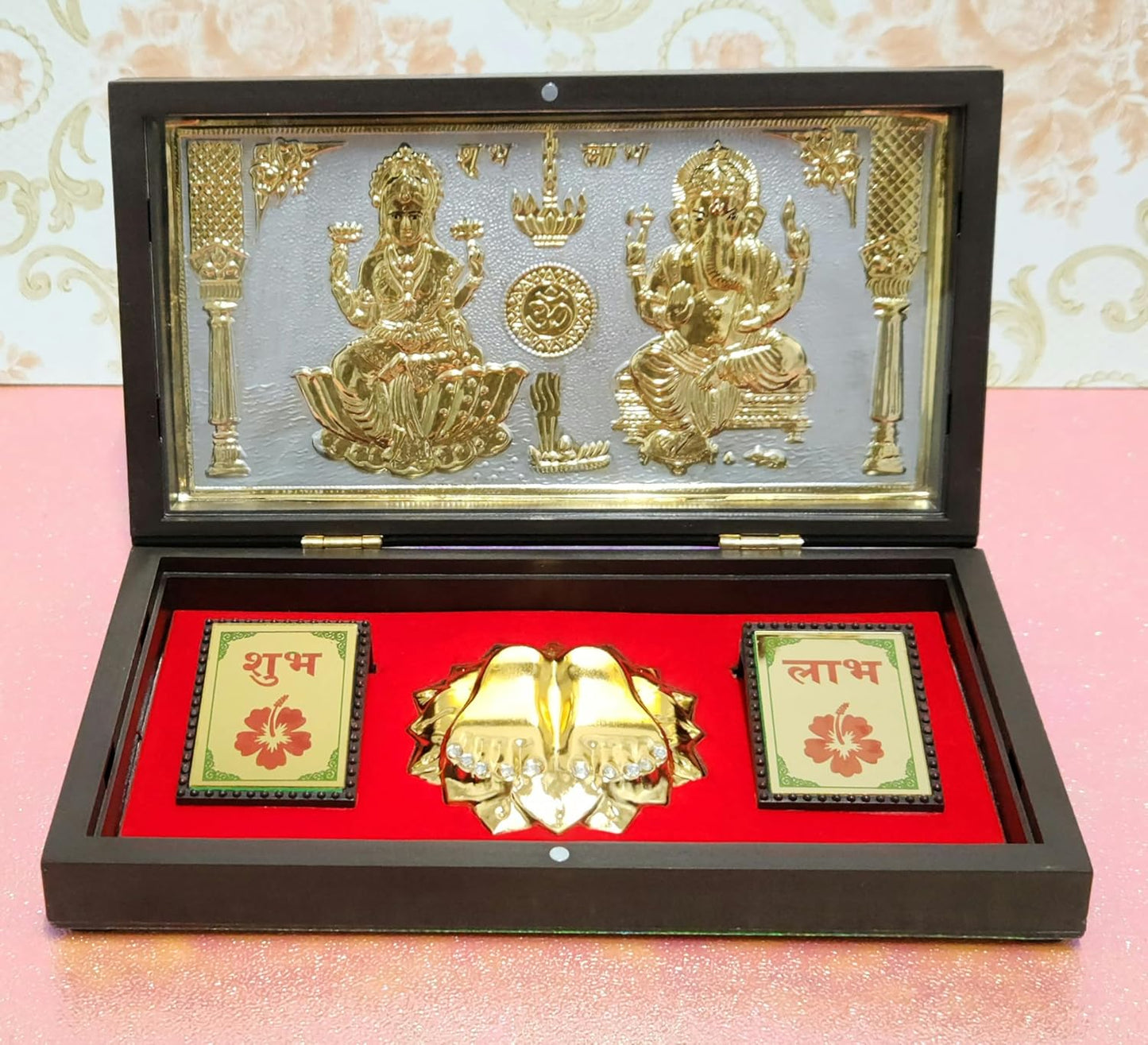Lakshmi Ganpati Brass Gold Photo Frame With Charan Paduka Pocket Temple