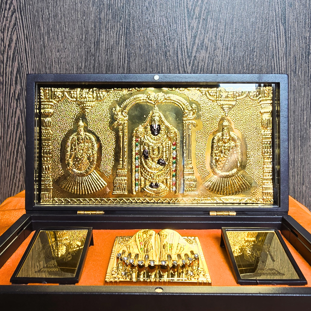 Tirupati Balaji Pocket Temple | Balaji Pocket Temple Box with Charan Paduka (Rectangle Shape & Gold Plated)
