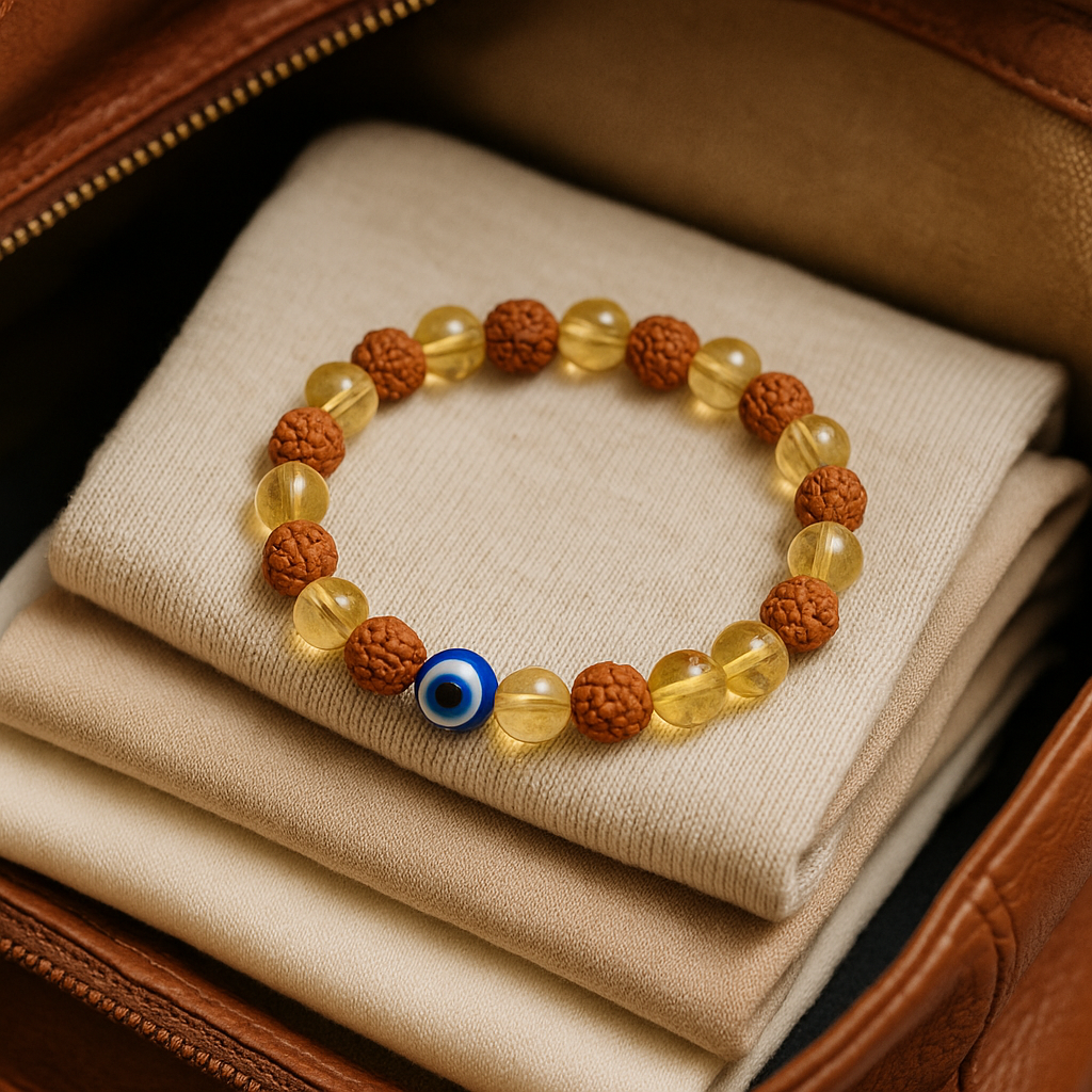 Rudraksha and Citrine Gemstone Beaded Bracelet For Unisex Adult with Evil Eye