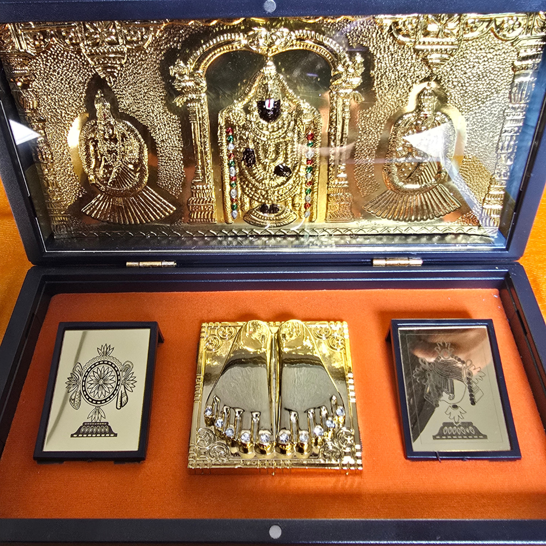 Tirupati Balaji Pocket Temple | Balaji Pocket Temple Box with Charan Paduka (Rectangle Shape & Gold Plated)