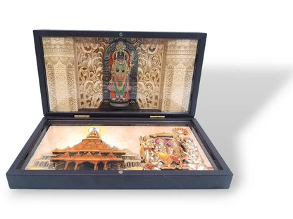 Shri Ram Lalla With Ram Mandir Pocket Temple | Gold-Plated Ram Mandir Mini Pooja Box | Portable Temple for Devotion & Blessings