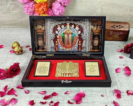 24K Gold Plated Kolhapur Mahalaxmi Photo Frame with Charan Paduka Pocket Temple