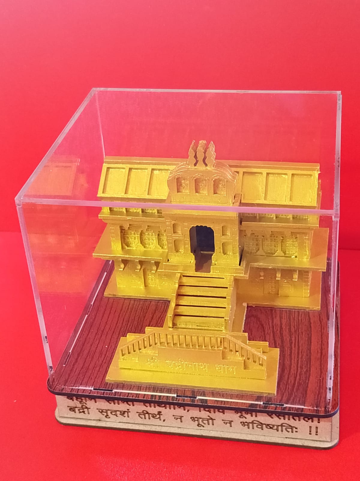 Medium Badrinath Dham Gold Polished Acrylic Box | Divine Temple Replica | Medium Badrinath Dham Gold Polished Acrylic Box