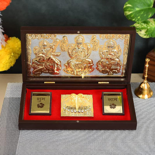 Plated Laxmi Ganesh Saraswati Charan Paduka Pocket Temple