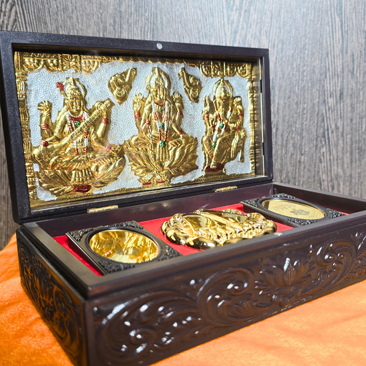 Laxmi Ganesh Saraswathi Pocket Temple | Mini Pooja box (Gold plated)