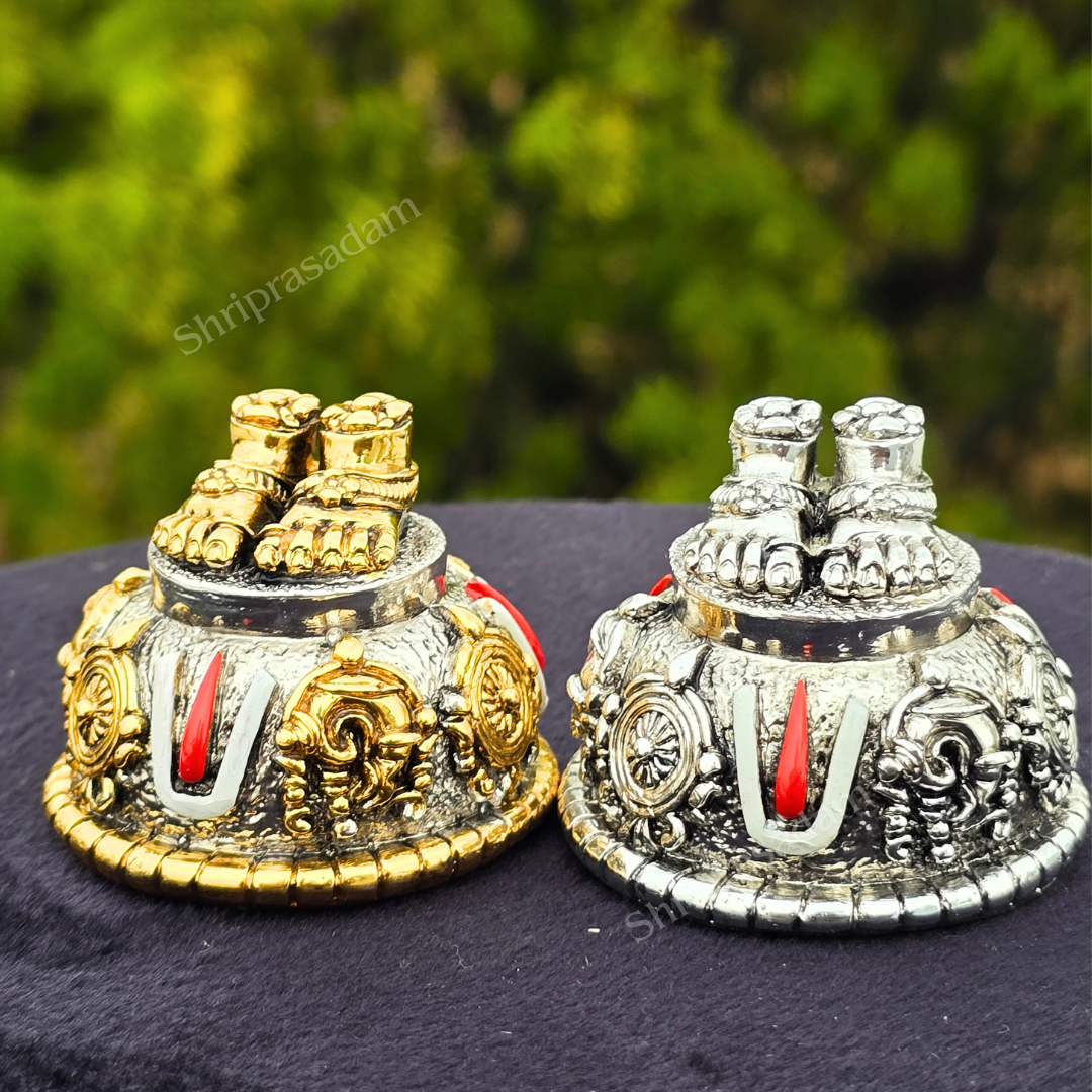 Tirupati Balaji Charan Paduka | Gold & Silver Plated with Shanku Chakra Namam (2.5 Inch)