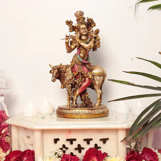 Lord Krishna Cow idol | Brass Krishna with Cow Idol |  Krishna Murti |  Krishna with Cow Statue